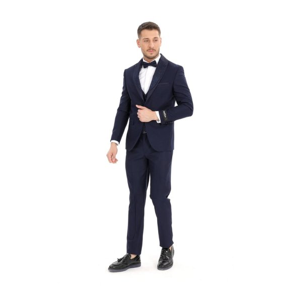 Derman Navy Silvery Detailed Collar Tuxedo 3 Piece Set - Picture 5 of 6